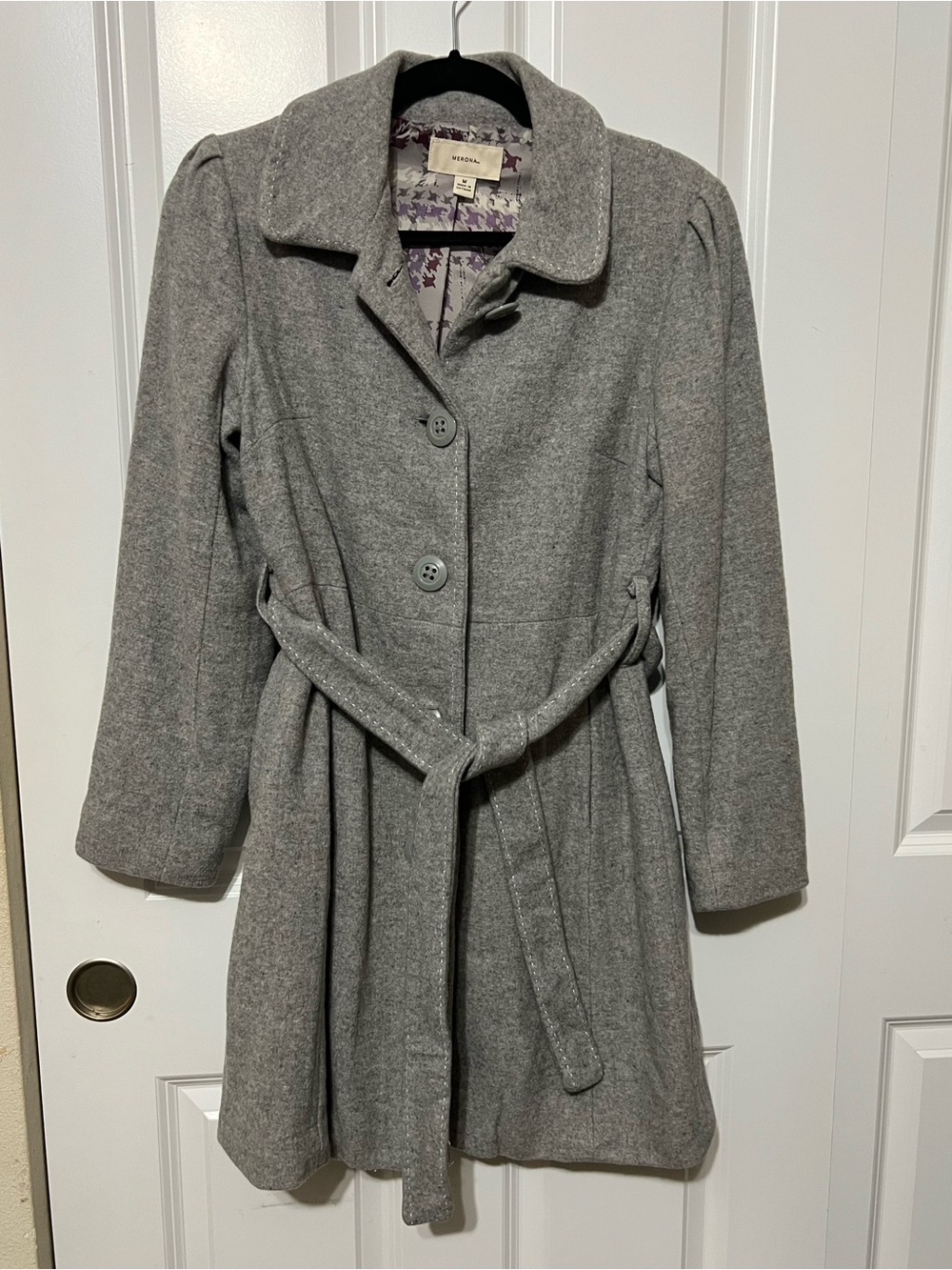 Gray Belted Wool Blend Fall Winter Pea Coat Trench Jacket - LIKE NEW - Size M